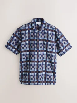 Best Next Indigo Blue Textured Patchwork Chambray Short Sleeve Shirt