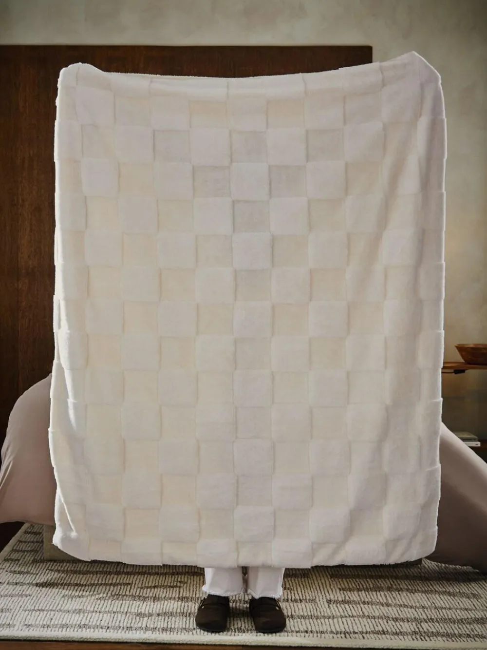 Next Jasper Checkerboard Cosy Fleece Reverse Throw Ivory