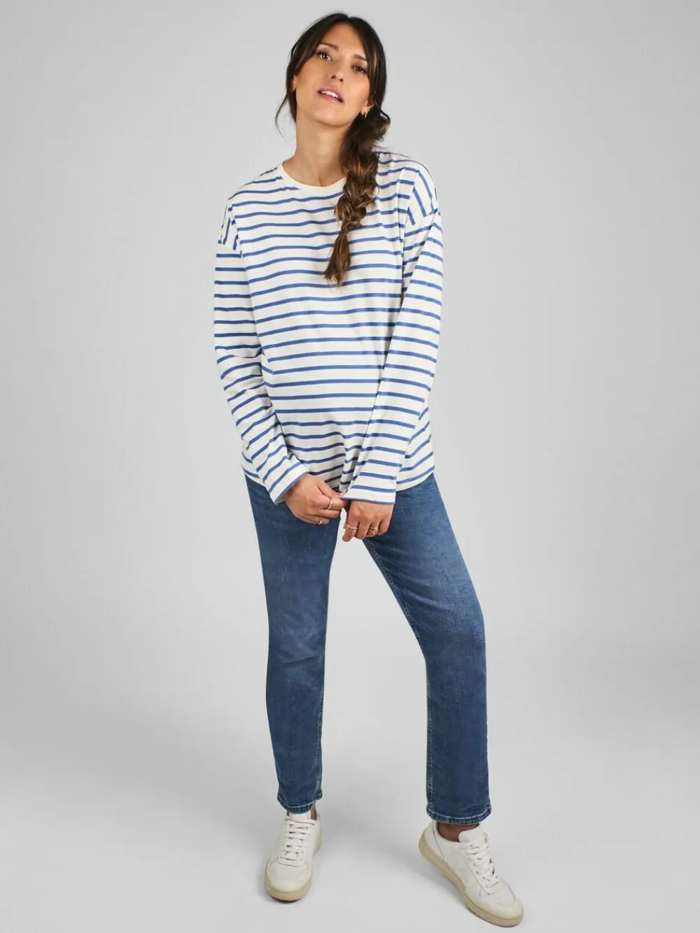 Jojo Maman Bébé Blue & Cream Stripe Long Sleeve Boyfriend Maternity T-Shirt