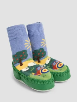 Jojo Maman Bébé Blue Farm Scene Moccasin Slipper Socks^BOY Nightwear