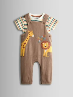 Sale Jojo Maman Bébé Brown Safari 2-Piece Appliqué Dungaree & Top Set