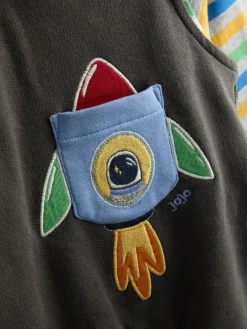 Hot Jojo Maman Bébé 2-Piece Turn Up Dungarees & Top Set Charcoal Grey Rocket