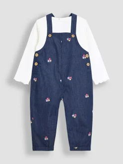 Best Jojo Maman Bébé Denim Blue Floral Chambray Embroidered Dungarees & Rib Top Set