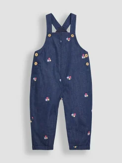 Best Jojo Maman Bébé Denim Blue Floral Chambray Embroidered Dungarees & Rib Top Set