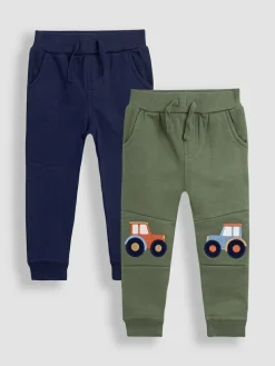 Best Jojo Maman Bébé 2-Pack Appliqué Knee & Plain Joggers Khaki Green Tractor