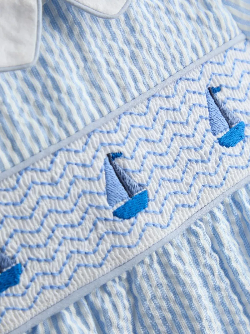 Jojo Maman Bébé Light Blue Boat Classic Smocked Romper^ Rompers & Overalls