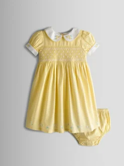 New Jojo Maman Bébé Bud Floral Smocked Party Dress Light Yellow