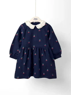 Jojo Maman Bébé Navy Blue Cherry Crochet Collar Embroidered Sweat Dress^ Dresses