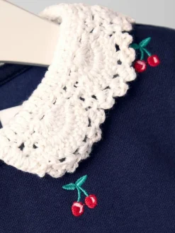 Jojo Maman Bébé Navy Blue Cherry Crochet Collar Embroidered Sweat Dress^ Dresses