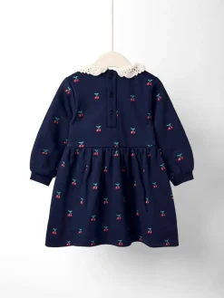 Jojo Maman Bébé Navy Blue Cherry Crochet Collar Embroidered Sweat Dress^ Dresses