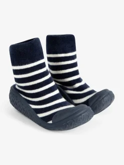 New Jojo Maman Bébé Navy Blue Ecru Cream Stripe Boys' Stripe Indoor Outdoor Slipper Socks