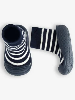 New Jojo Maman Bébé Navy Blue Ecru Cream Stripe Boys' Stripe Indoor Outdoor Slipper Socks