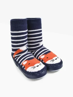 Jojo Maman Bébé Navy Blue Ecru Cream Stripe Mouse Moccasin Slipper Socks^BOY Nightwear