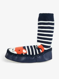 Jojo Maman Bébé Navy Blue Ecru Cream Stripe Mouse Moccasin Slipper Socks^BOY Nightwear