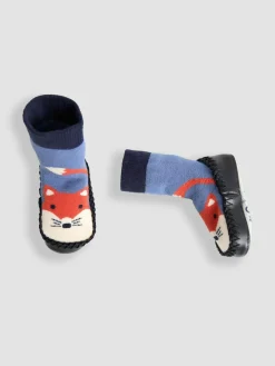 Clearance Jojo Maman Bébé Navy Blue Fox Mouse Moccasin Slipper Socks