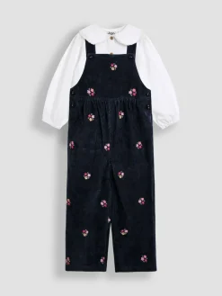 Hot Jojo Maman Bébé Navy Blue Floral Embroidered Cord Dungarees & Blouse Set