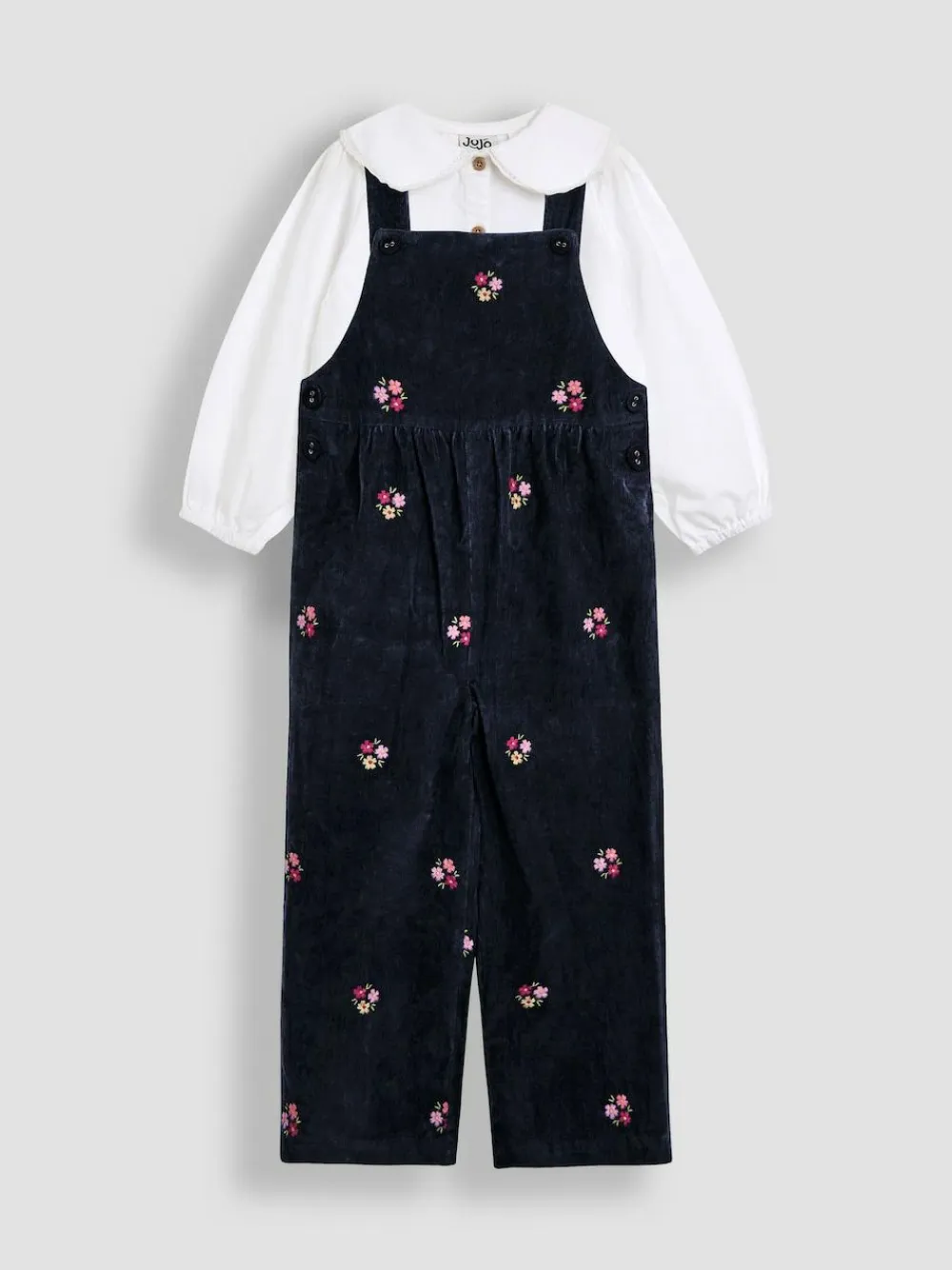 Hot Jojo Maman Bébé Navy Blue Floral Embroidered Cord Dungarees & Blouse Set