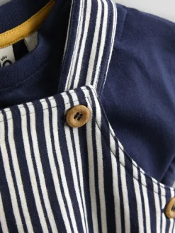 Jojo Maman Bébé Navy Blue Stripe Dungarees, T-Shirt & Hat 3-Piece Set^BOY Dungarees