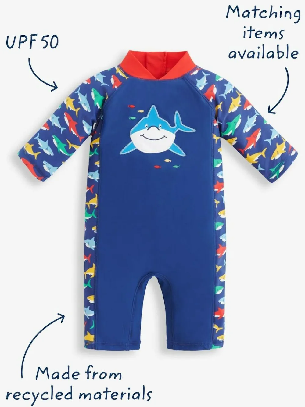 Clearance Jojo Maman Bébé UPF 50 1-Piece Sun Protection Suit Navy Blue Shark