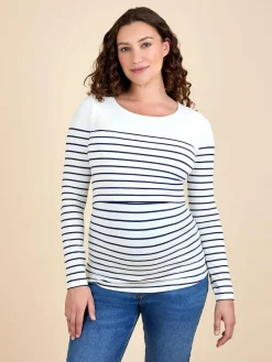 Best Jojo Maman Bébé Stripe Long Sleeve Maternity & Nursing Top Navy Ecru Stripe