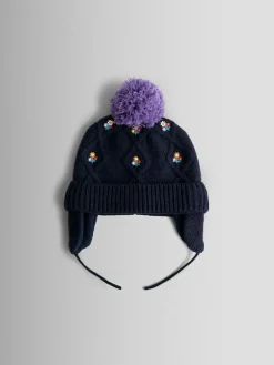 Clearance Jojo Maman Bébé Cherry Applique Pom Pom Knitted Hat Navy Floral