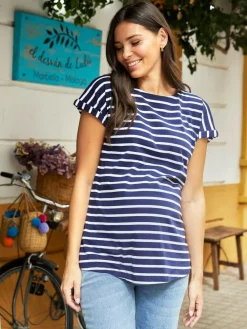 Jojo Maman Bébé Navy White Stripe Boyfriend Maternity Cotton T-Shirt^Women Loungewear