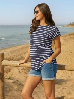 Jojo Maman Bébé Navy White Stripe Boyfriend Maternity Cotton T-Shirt^Women Loungewear