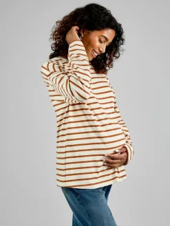 Jojo Maman Bébé Oatmeal & Toffee Stripe Long Sleeve Boyfriend Maternity T-Shirt^Women Loungewear