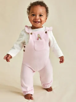 Jojo Maman Bébé Pink Peter Rabbit Appliqué Velour Dungarees and Body Set^ Jumpsuits & Playsuits