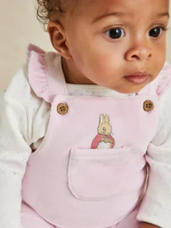 Jojo Maman Bébé Pink Peter Rabbit Appliqué Velour Dungarees and Body Set^ Jumpsuits & Playsuits
