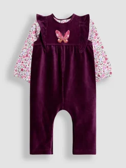 Jojo Maman Bébé Appliqué Velour Dungarees & Top Set Purple Butterfly