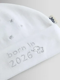 Jojo Maman Bébé White Born in 2026 Embroidered Hat^BOY Hats & Scratch Mitts|Newborn Accessories