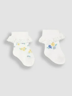Jojo Maman Bébé White Floral 2-Pack Frilly Socks