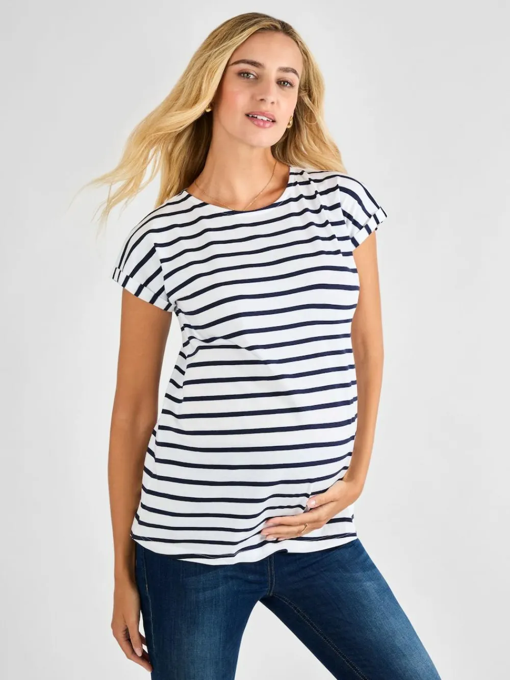 Outlet Jojo Maman Bébé White Navy Stripe Boyfriend Maternity Cotton T-Shirt
