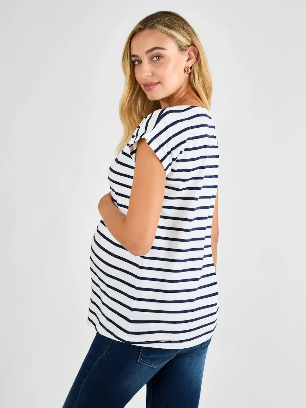Outlet Jojo Maman Bébé White Navy Stripe Boyfriend Maternity Cotton T-Shirt
