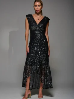 Jolie Moi Black Chrome Sequin Asymmetric Ruffle Hem Maxi Dress^Women Maxi Dresses