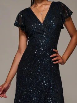 Jolie Moi Black Frill Short Sleeve Sequin Maxi Dress^Women Midi Dresses