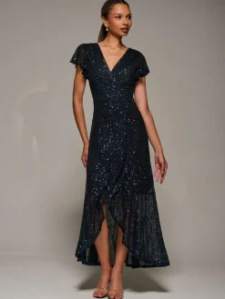 Jolie Moi Black Frill Short Sleeve Sequin Maxi Dress^Women Midi Dresses