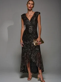 Clearance Jolie Moi Black Ground Sequin Asymmetric Ruffle Hem Maxi Dress