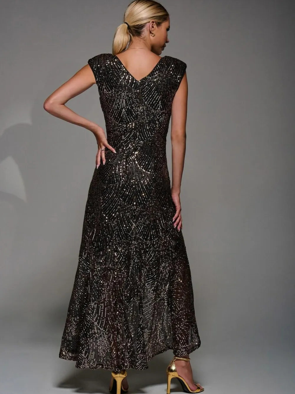 Clearance Jolie Moi Black Ground Sequin Asymmetric Ruffle Hem Maxi Dress