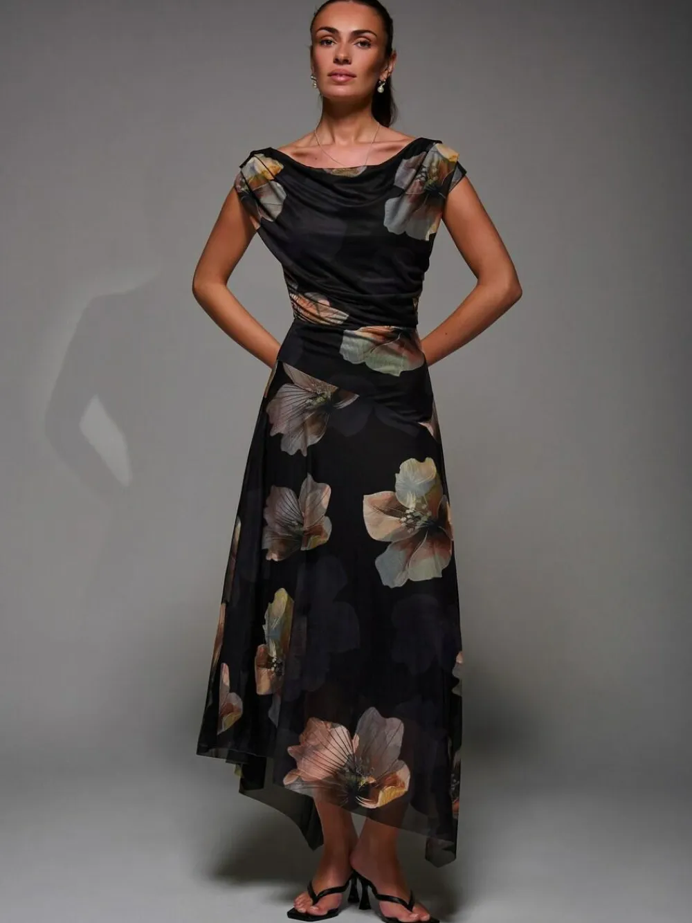 Jolie Moi Mesh Asymmetrical Draped Maxi Dress^Women Maxi Dresses