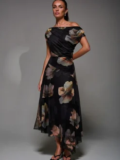 Jolie Moi Mesh Asymmetrical Draped Maxi Dress^Women Maxi Dresses