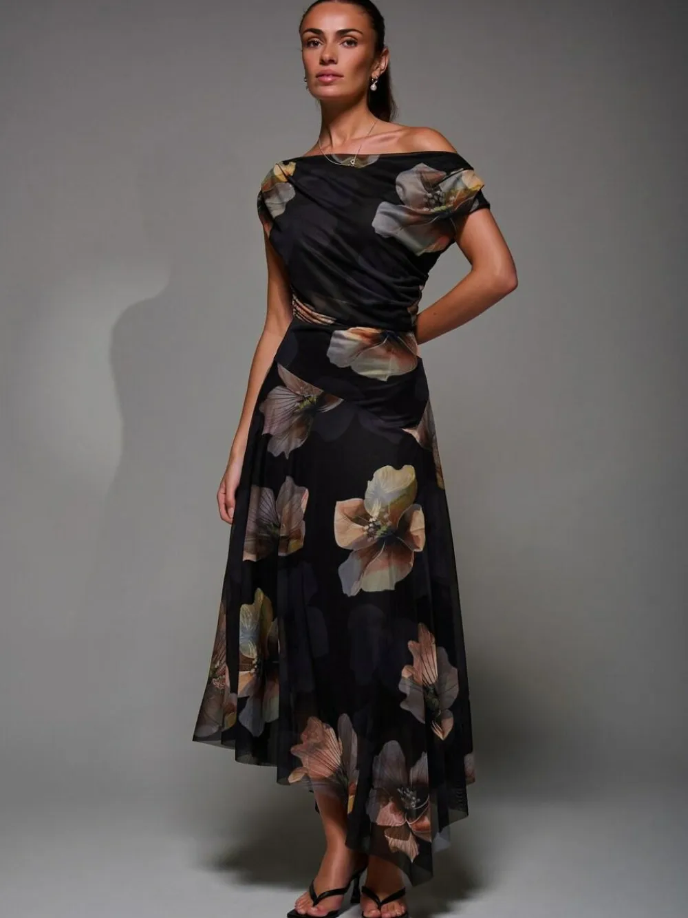 Jolie Moi Mesh Asymmetrical Draped Maxi Dress^Women Maxi Dresses