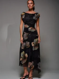 Jolie Moi Mesh Asymmetrical Draped Maxi Dress^Women Maxi Dresses