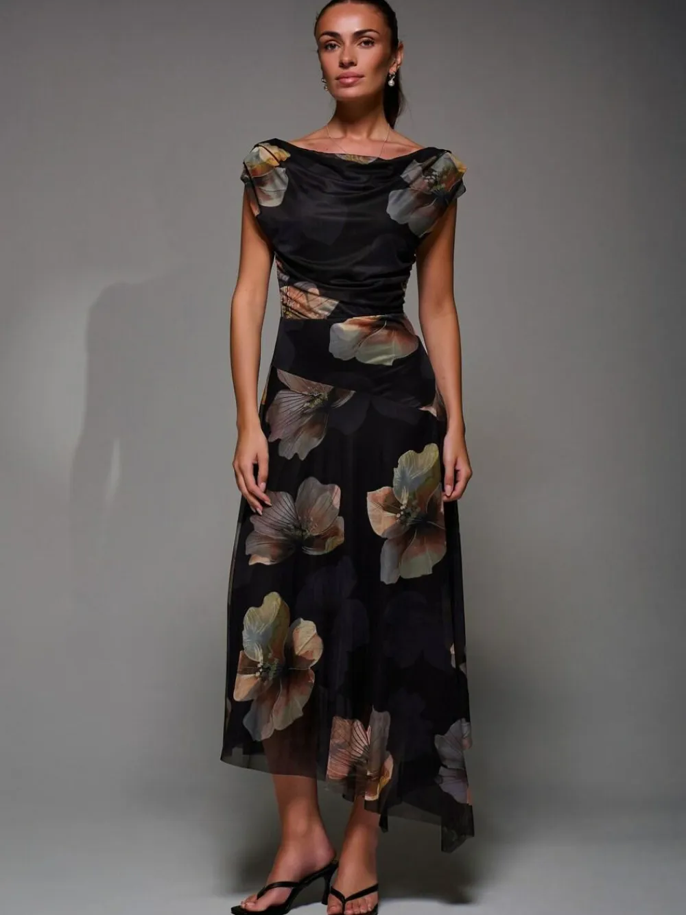 Jolie Moi Mesh Asymmetrical Draped Maxi Dress^Women Maxi Dresses