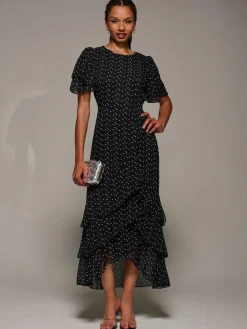 Hot Jolie Moi Ruffle Detail Chiffon Midaxi Dress Black