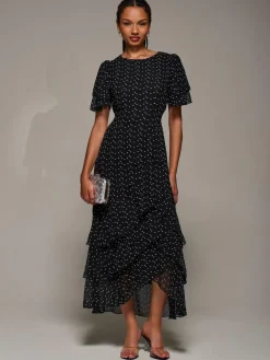 Hot Jolie Moi Ruffle Detail Chiffon Midaxi Dress Black