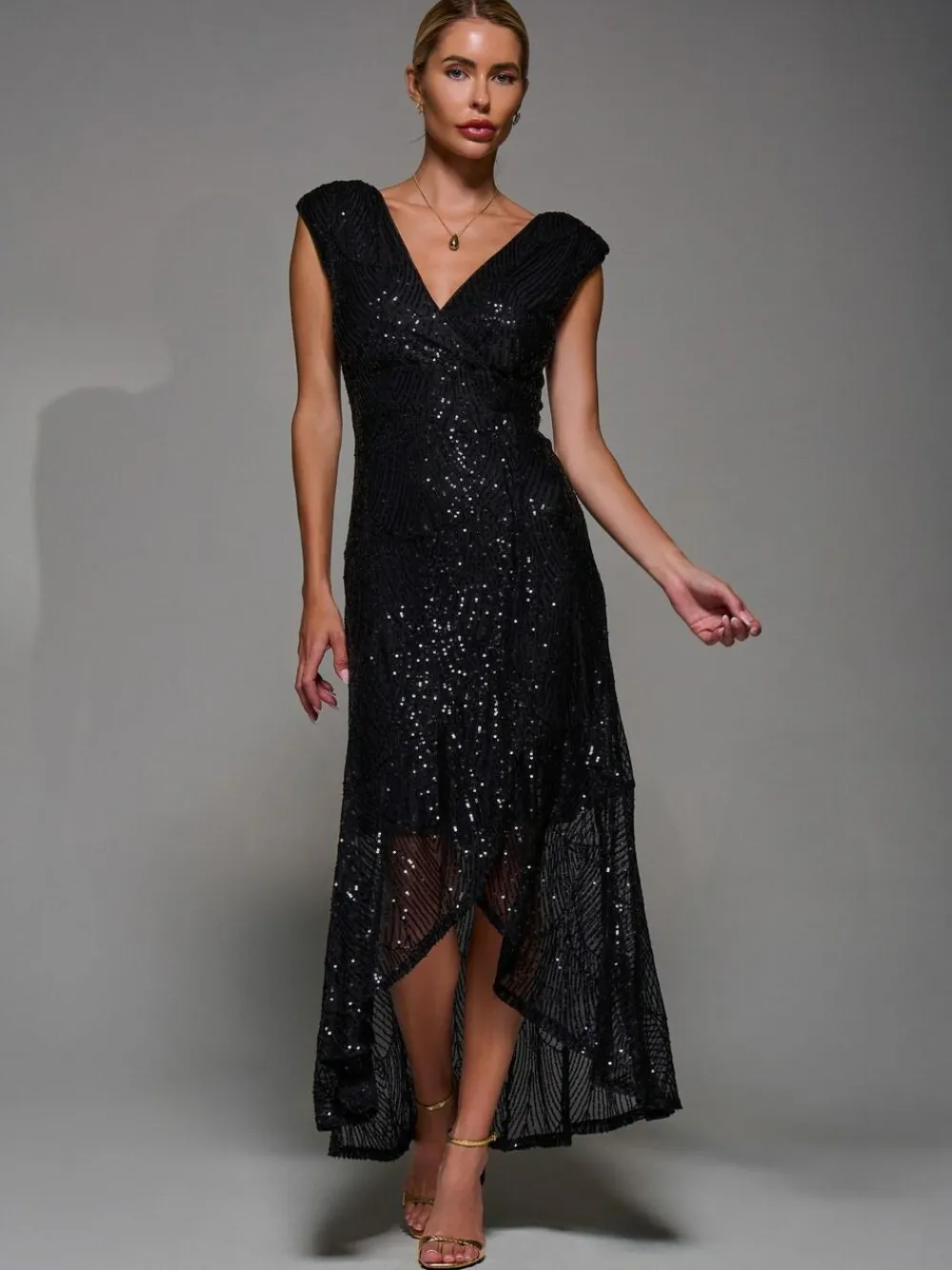 Jolie Moi Black Sequin Asymmetric Ruffle Hem Maxi Dress^Women Maxi Dresses