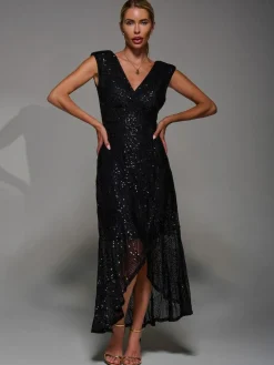 Jolie Moi Black Sequin Asymmetric Ruffle Hem Maxi Dress^Women Maxi Dresses