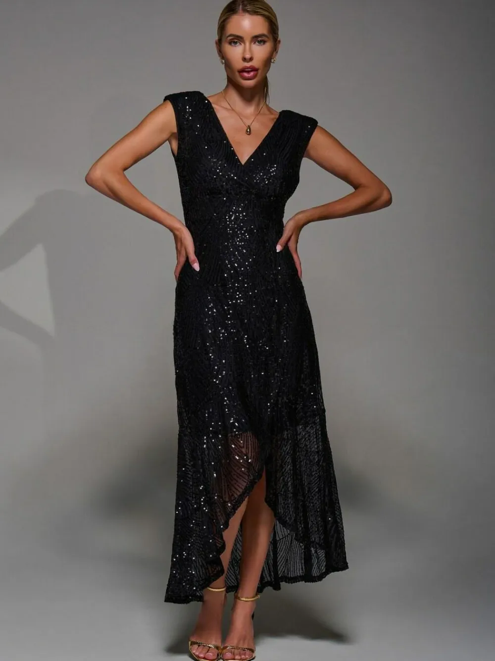 Jolie Moi Black Sequin Asymmetric Ruffle Hem Maxi Dress^Women Maxi Dresses